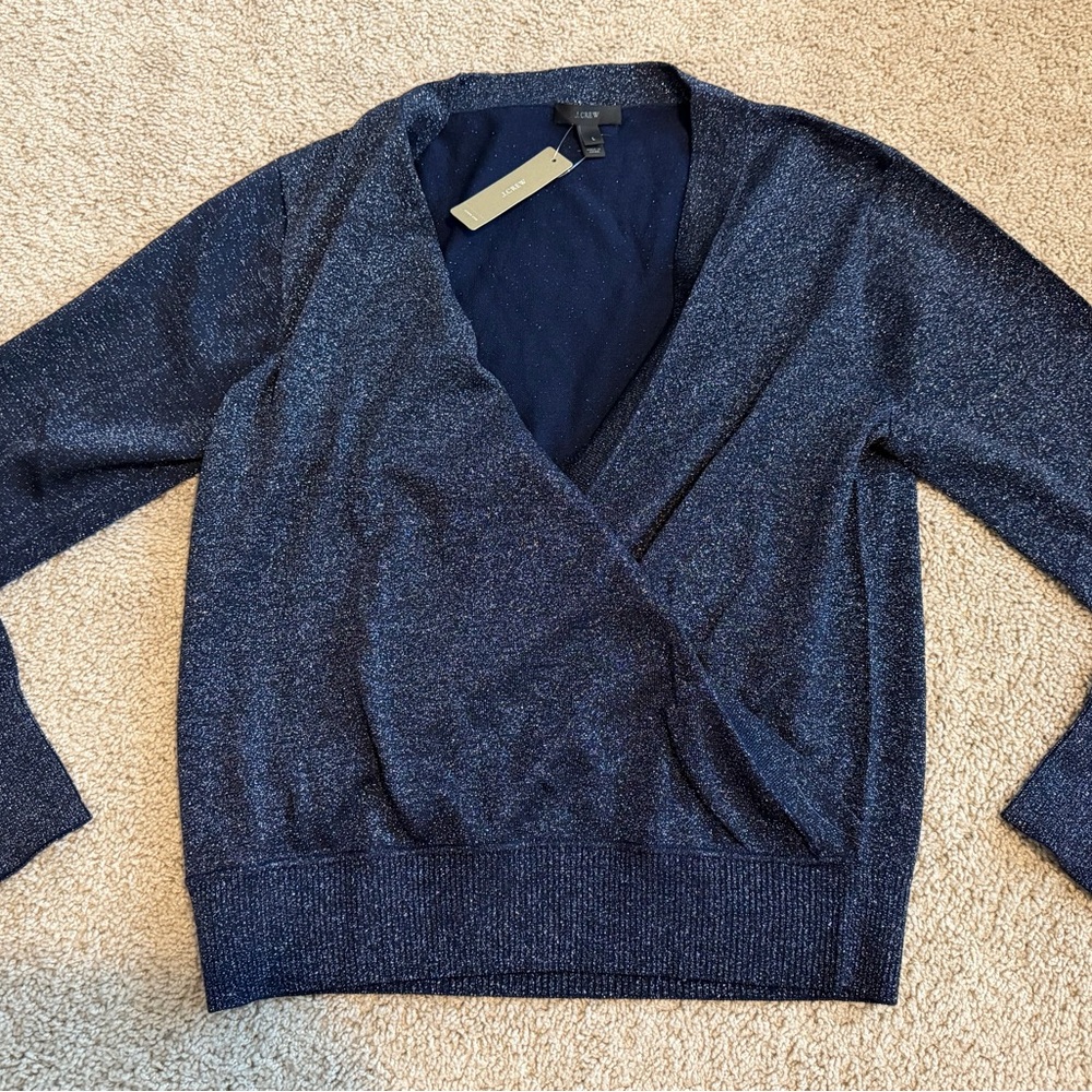 J.Crew Lurex Wrap Sweater Navy Shimmer Wool Blend Size L NWT - Picture 2 of 8